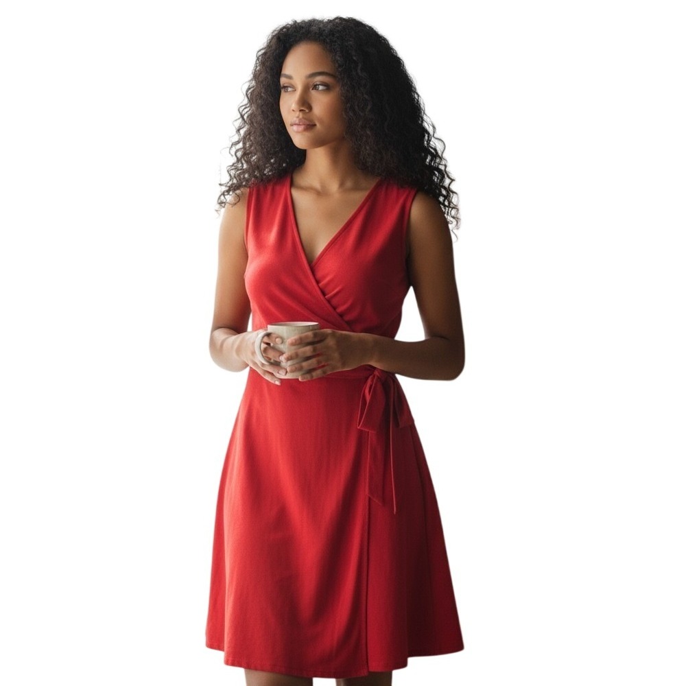 New J. Crew Women Dress Red Wrap Cotton Pique V-Neck A-Line‎ Med